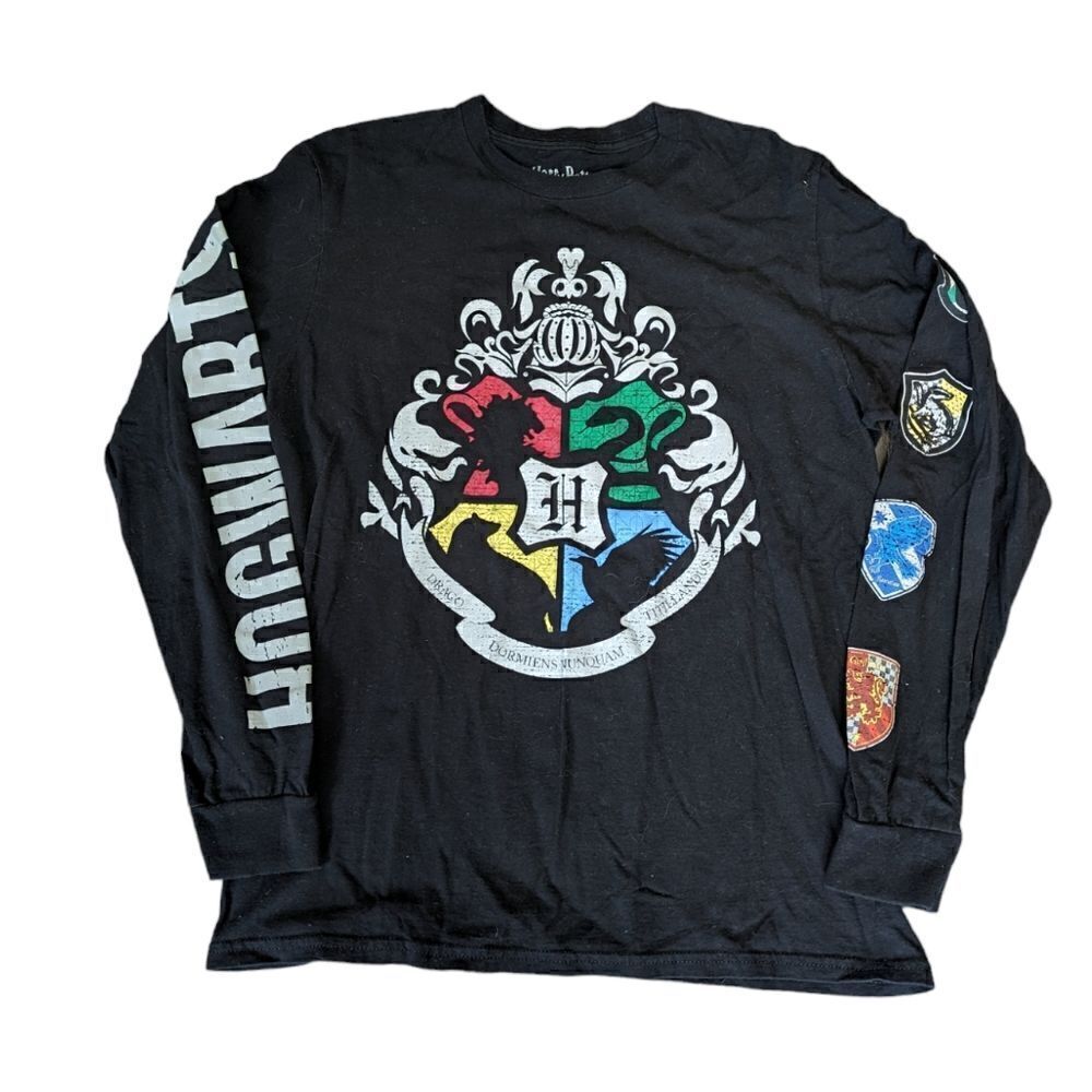 HARRY POTTER Hogwarts Houses Black Long Sleeve T-Shirt Size Medium